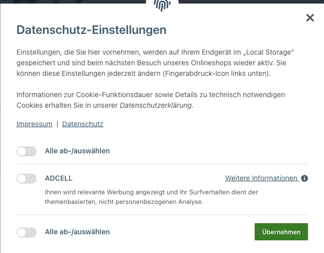Datenschutz-Einstellungen im Shop mit dem Eintrag ADCELL
