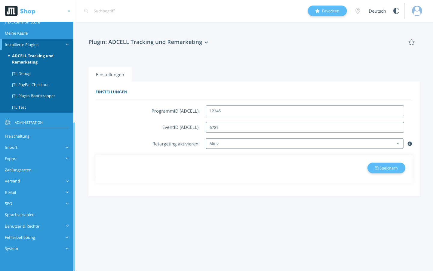 Einstellungsseite des Plugins mit den Feldern ProgrammID (ADCELL), EventID (ADCELL) und Retargeting aktivieren