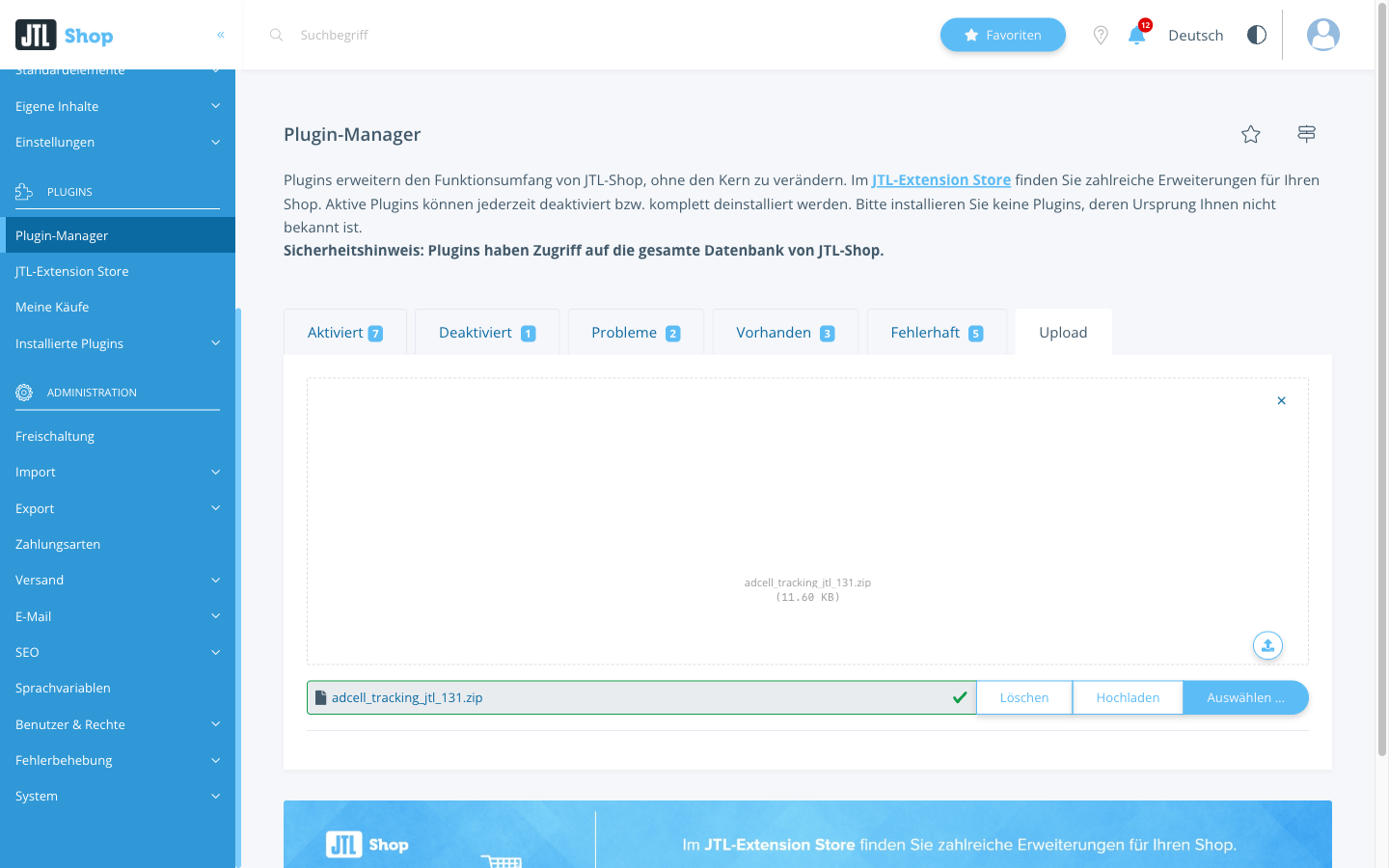 Reiter Upload im Plugin-Manager mit der ausgewählten ZIP-Datei