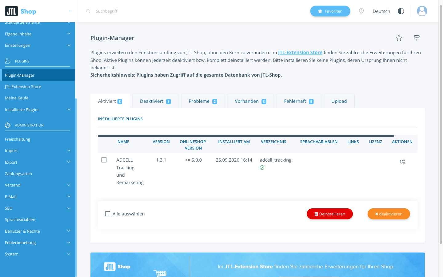 Reiter Aktiviert mit dem installierten Plugin und dem Zahnrad-Symbol