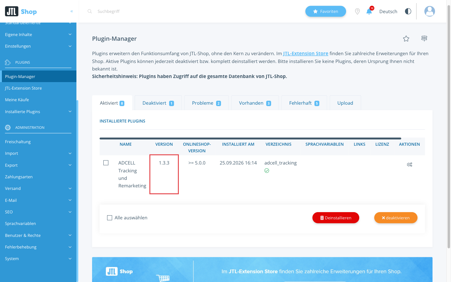Reiter Aktiviert nach dem Update mit der neuen Versionsnummer