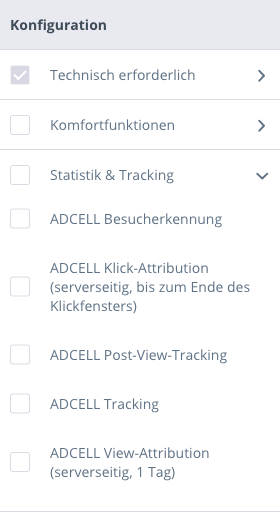 Cookie-Einstellungen im Shop mit aufgeklappter Gruppe „Statistik & Tracking“ und den fünf ADCELL-Einträgen