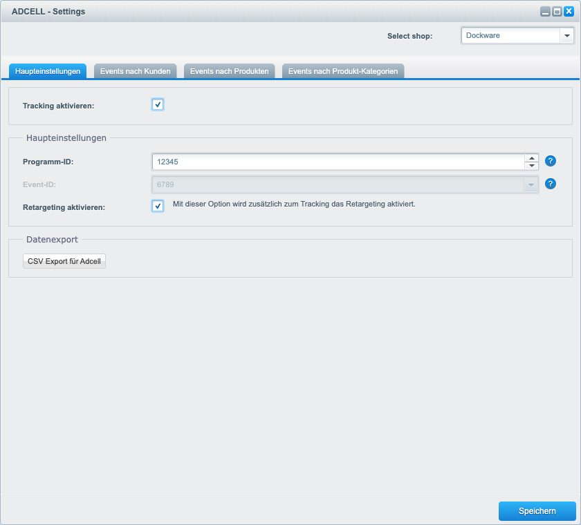 Reiter „Haupteinstellungen“ mit „Tracking aktivieren“, Programm-ID 12345, Event-ID 6789, „Retargeting aktivieren“ und dem Bereich „Datenexport“