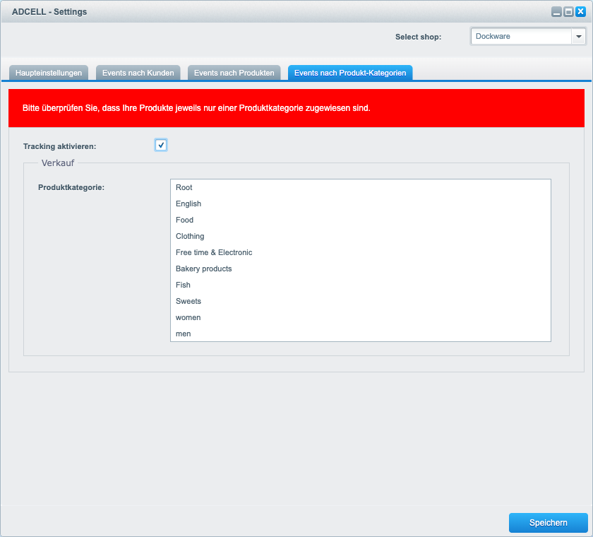 Reiter „Events nach Produkt-Kategorien“ mit „Tracking aktivieren“ und je Event einer Auswahlliste „Produktkategorie“