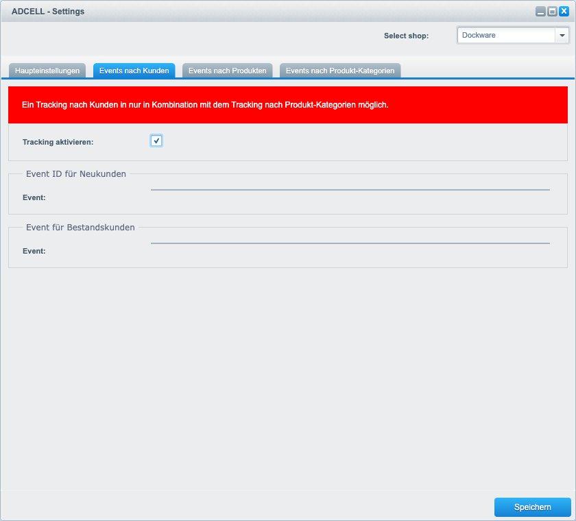 Reiter „Events nach Kunden“ mit „Tracking aktivieren“ und den Bereichen „Event ID für Neukunden“ und „Event für Bestandskunden“
