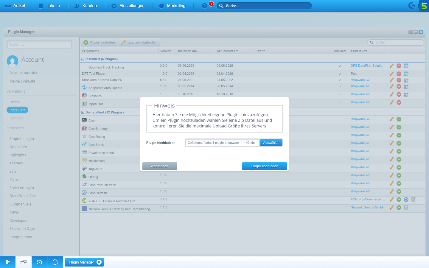 Plugin Manager, Bereich „Installiert“, geöffnetes Fenster „Plugin hochladen“ mit ausgewählter ZIP-Datei