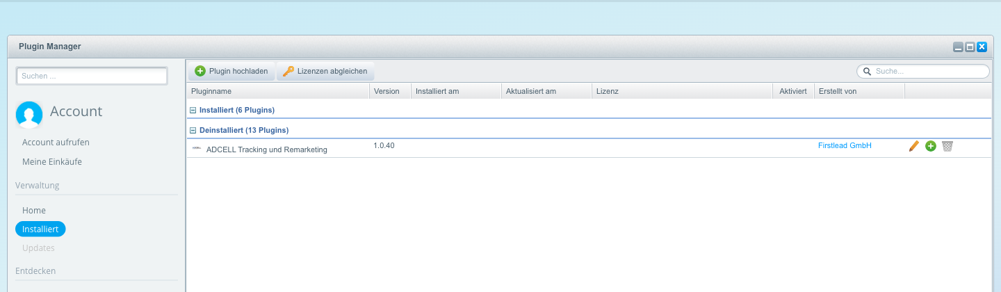 Plugin Manager, Zeile ADCELL Tracking und Remarketing mit dem Symbol Installieren