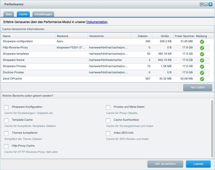 Performance-Modul, Reiter Cache mit der Auswahl der zu leerenden Bereiche