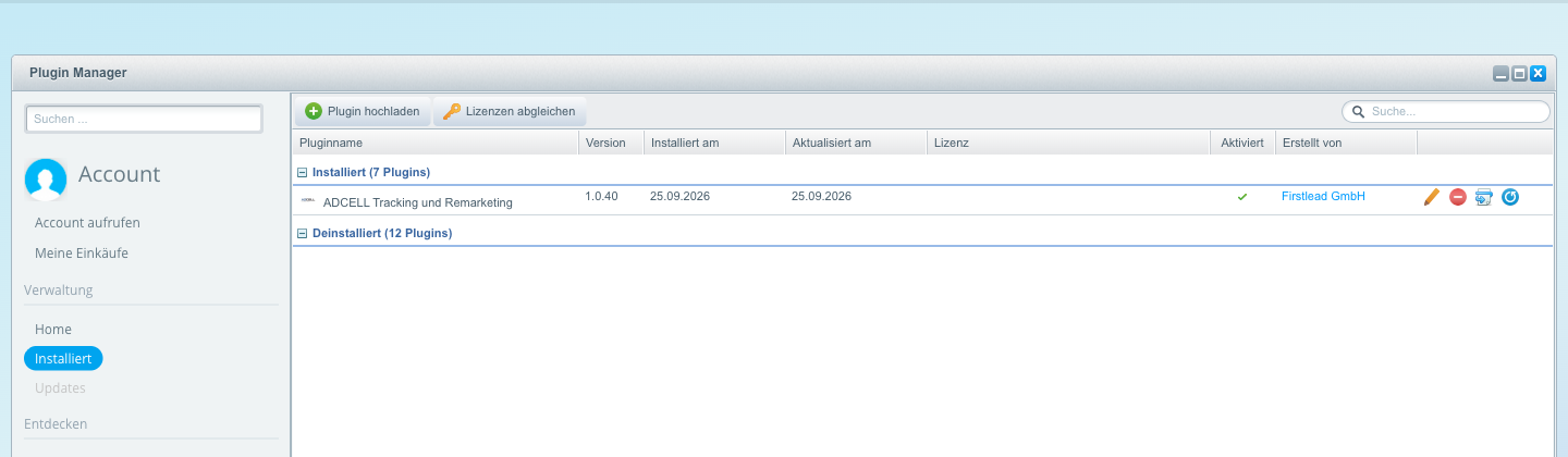 Plugin Manager, Zeile „ADCELL Tracking und Remarketing“ mit dem Symbol „Lokales Update“