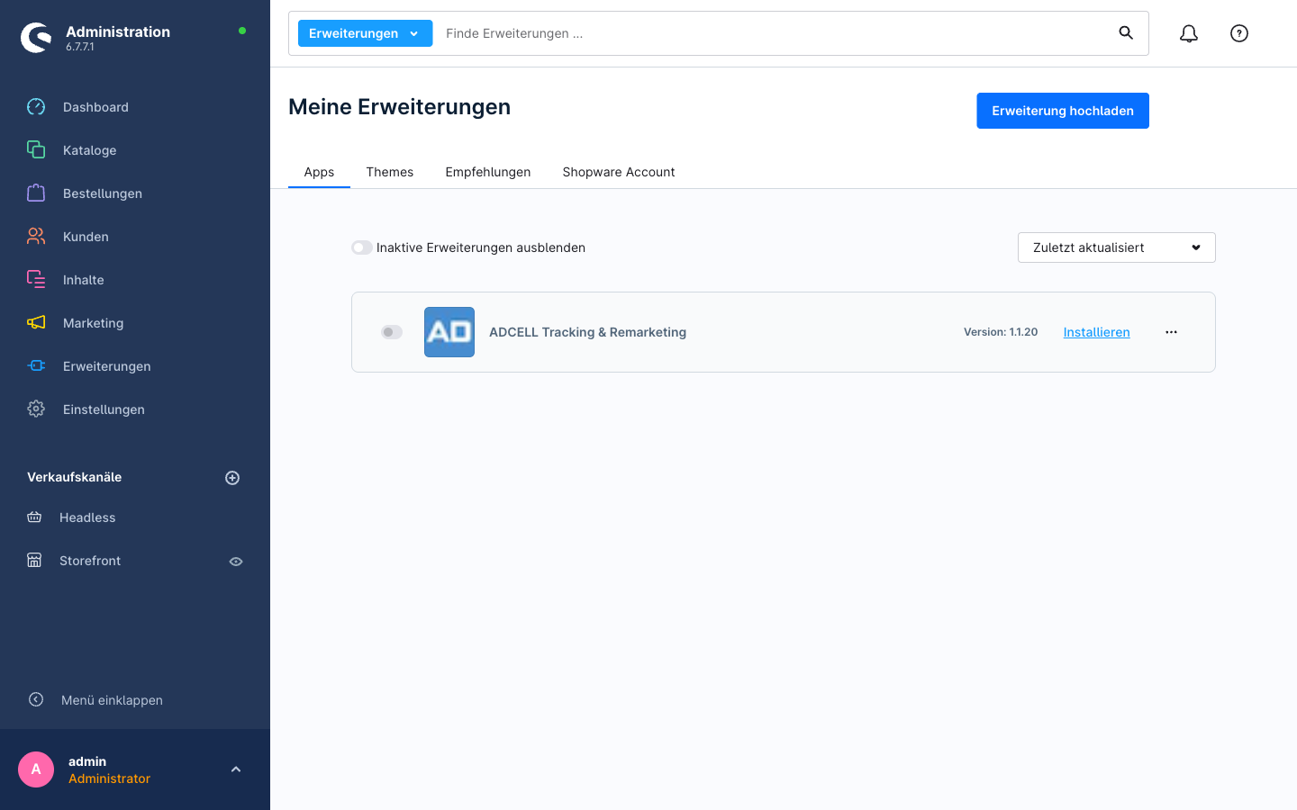 Listeneintrag „ADCELL Tracking & Remarketing“ mit dem Link „Installieren“