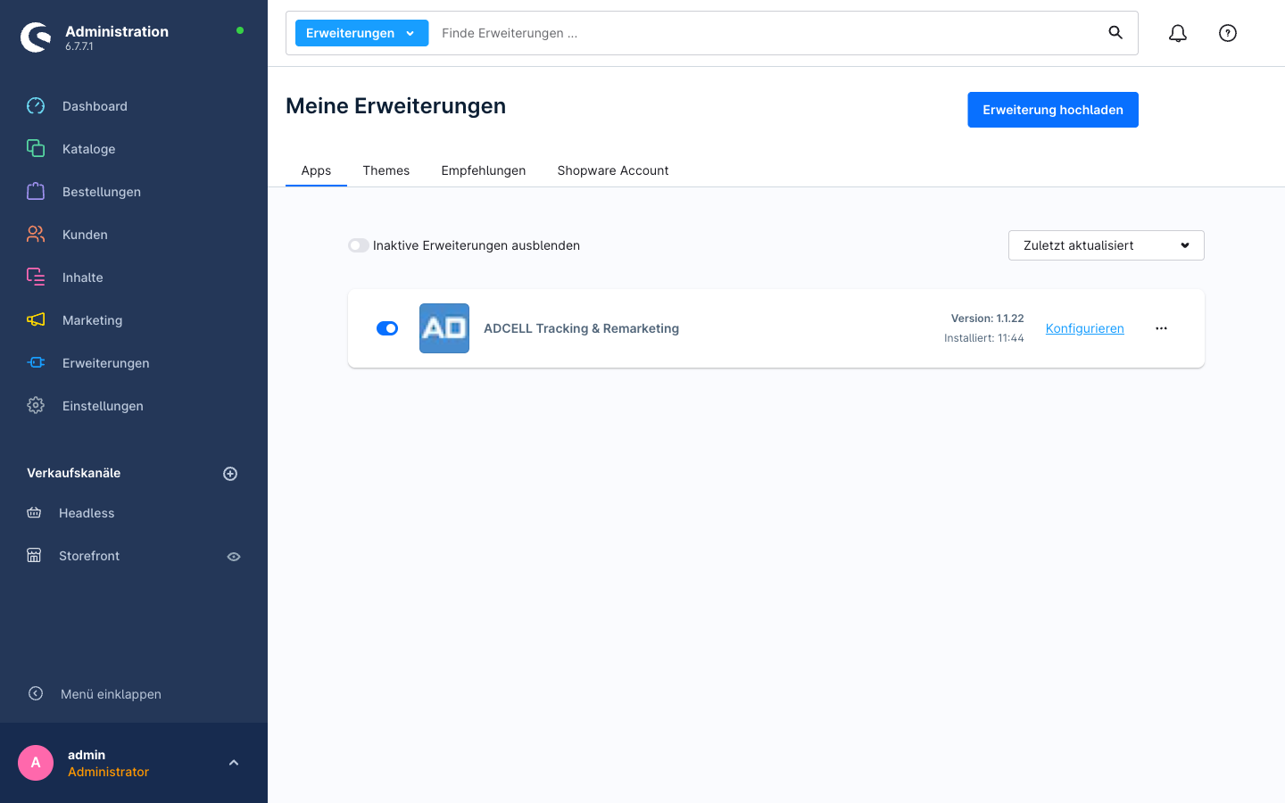 Plugin-Eintrag nach dem Update mit Version 1.1.22 und eingeschaltetem Schalter