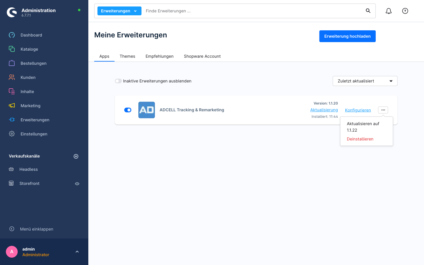 geöffnetes Menü „…“ am Plugin-Eintrag mit dem Punkt „Aktualisieren auf 1.1.22“