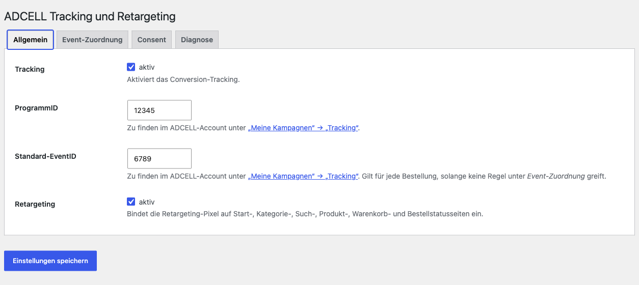 Reiter „Allgemein“ mit Tracking aktiv, ProgrammID 12345, Standard-EventID 6789 und Retargeting aktiv