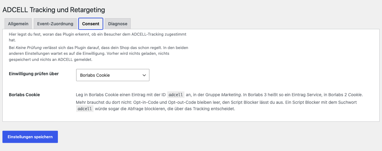 Reiter „Consent“ mit der Auswahl „Einwilligung prüfen über“ und dem Hinweis für Borlabs Cookie