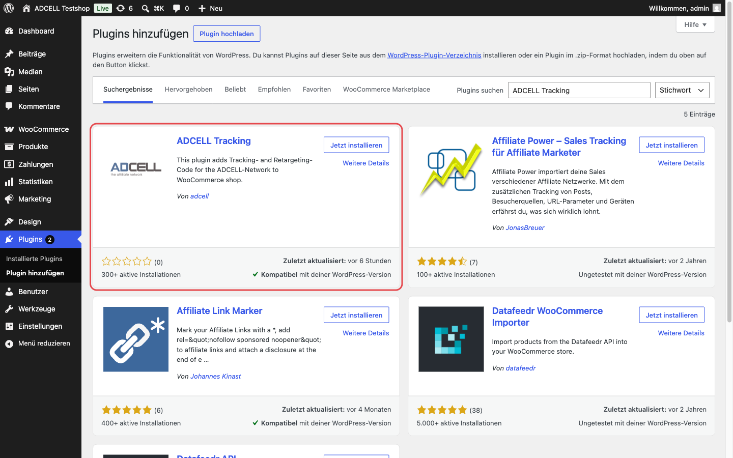 Suchergebnis „ADCELL“ unter Plugins › Plugin hinzufügen mit der Karte „ADCELL Tracking“ und der Schaltfläche „Jetzt installieren“