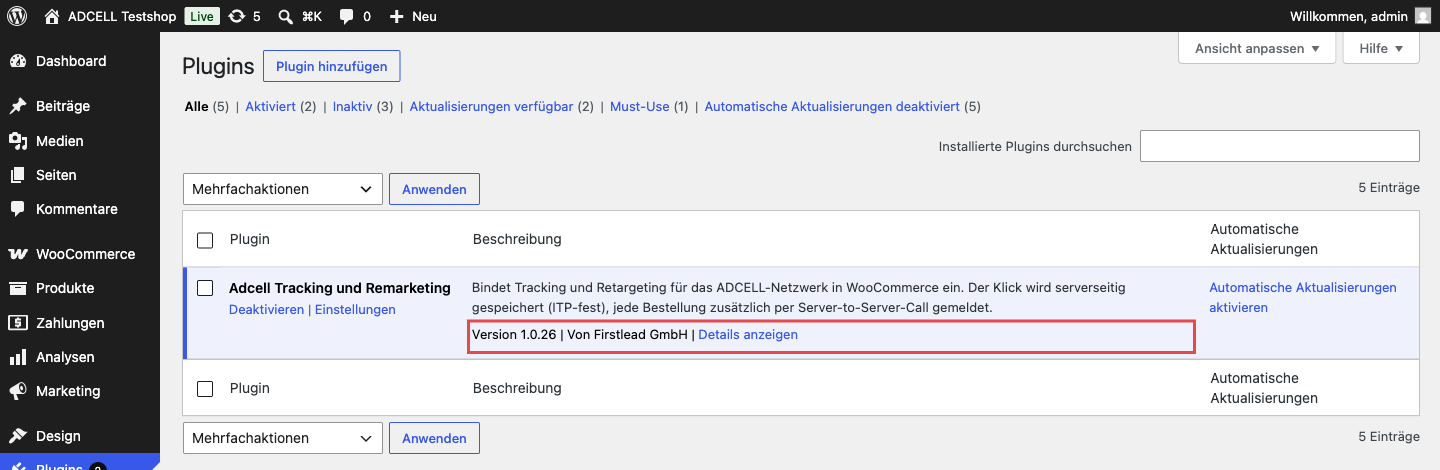 Plugin-Liste nach dem Update mit Version 1.0.26