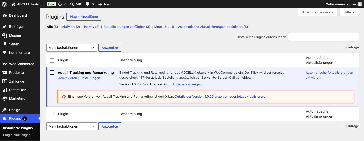Plugin-Liste mit dem Update-Hinweis unter „Adcell Tracking und Remarketing“ und dem Link „jetzt aktualisieren“